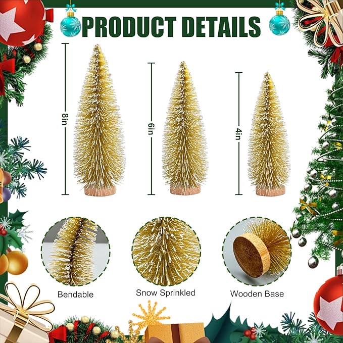 12 Pcs Mini Christmas Tree, Tabletop Christmas Tree with Wooden Bases Artificial Mini Tree with 3 Sizes Christmas Table Decor Bottle Brush Trees for Christmas Decorations (Yellow)