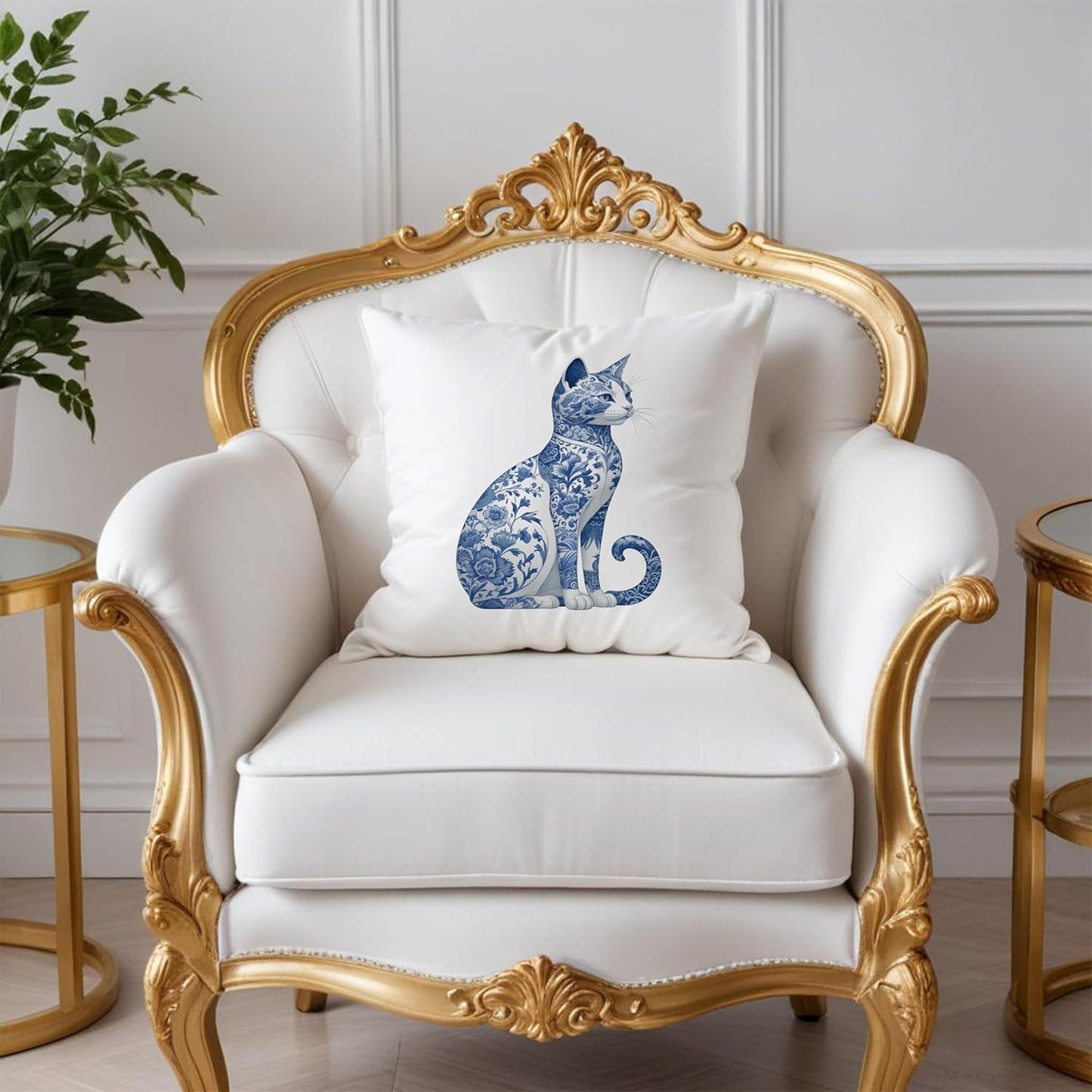 Blue and White Chinoiserie Floral Pillow Covers 18x18, Gifts for Cat Lovers Mom Lady Owners, Elegant Kitten Kitty Decorative Pillow Covers for Home Bedroom Living Room Decor, Pet Lover Gifts