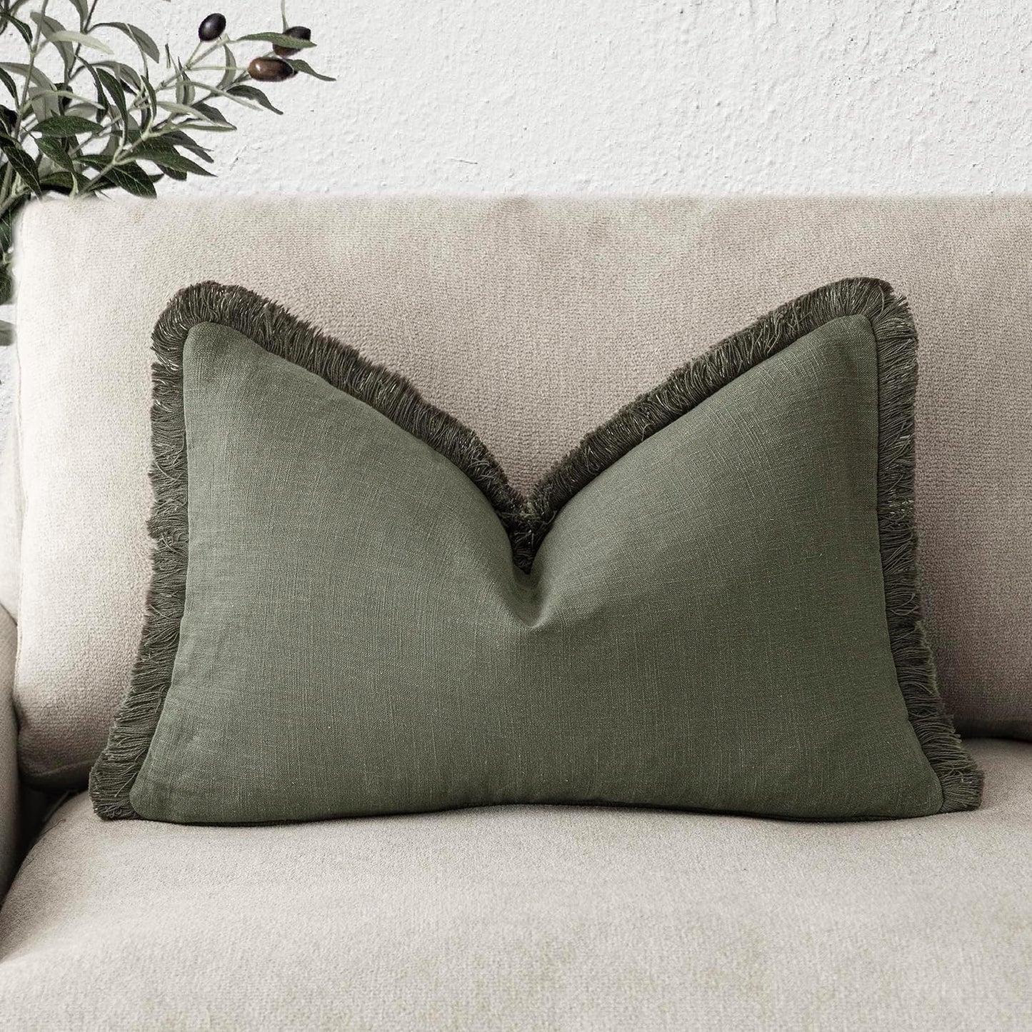 Foindtower Decorative Linen Fringe Lumbar Throw Pillow Covers Cozy Boho Farmhouse Cushion Cover with Tassel Soft Accent Pillowcase for Sofa Bed Living Room Home Decor, 12×20 Inch, 1PC, Olive Green
