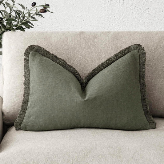 Foindtower Decorative Linen Fringe Lumbar Throw Pillow Covers Cozy Boho Farmhouse Cushion Cover with Tassel Soft Accent Pillowcase for Sofa Bed Living Room Home Decor, 12×20 Inch, 1PC, Olive Green