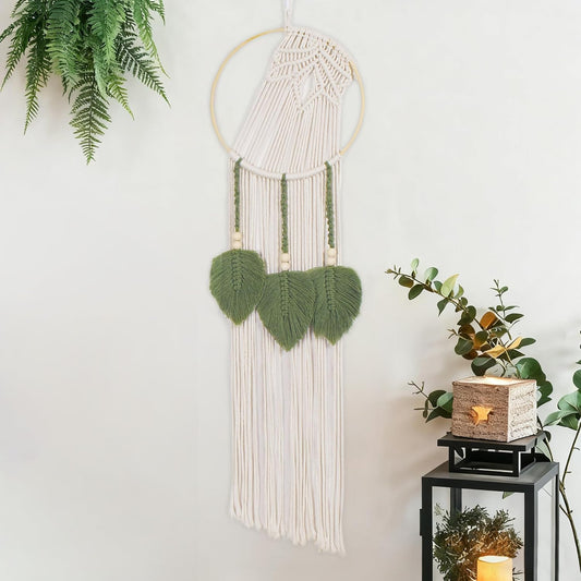 LB Boho Leaf Small Macrame Wall Hanging Green and Beige Hand Woven Cotton Tapestry Wall Art with Wood beads Modern Aesthetic Wall Decor for Home, Bedroom, Living Room