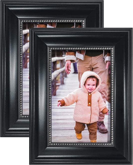 GraduationMall 4x6 Picture Frames, Real Glass, Display Photos for Wall or Tabletop, Black with Silver Beads, 2-Pack