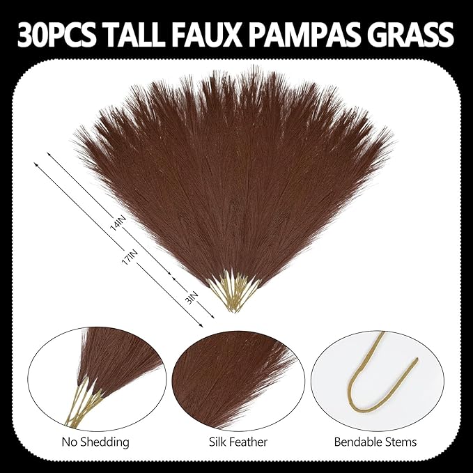 30 Pcs Brown Faux Pampas Grass, 17 Inches Artificial Pampas Grass Bulk, Short Fluffy Faux Pompas for Vase Filler, Home Boho, Wedding Anniversaries, Baby Shower Decoration