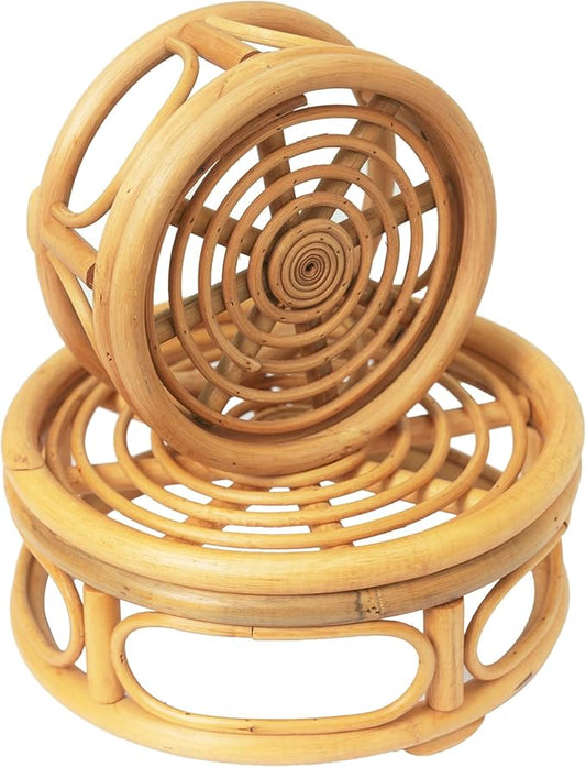 Set of 2 Boho Rattan Woven Round Decorative Risers Plant Stands Indoor, Mid Century Minimalist Modern Plant Stand, Wicker Short Plant Stand Holder Suitable Fits 8'' and 12'' Pots