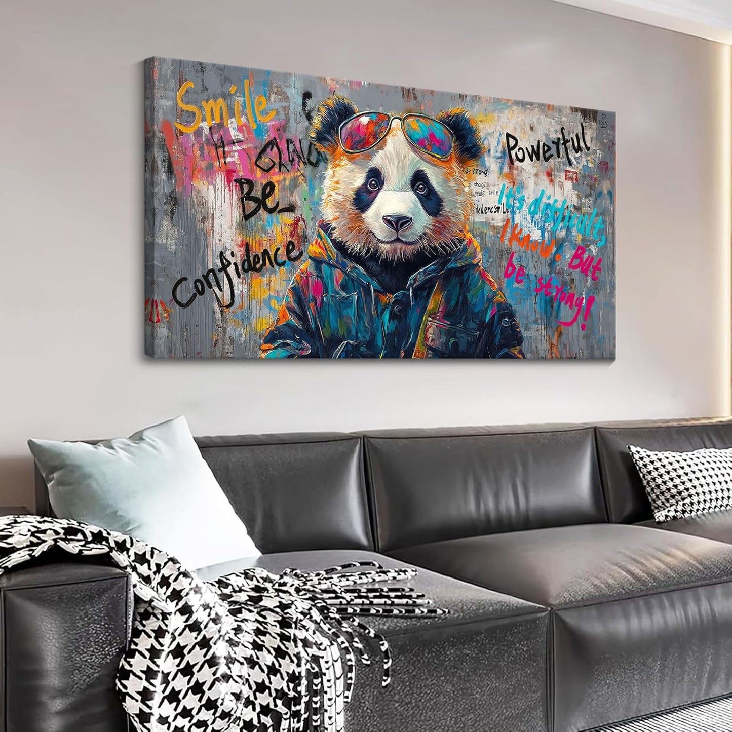 JEAWA Large Canvas Wall Art, Black and White Panda Abstract Graffiti Street Art Pop Modern Paintings Ready to Hang Living Room Bedroom Study Office Inspirational Picture Home Decor 24x48 IN