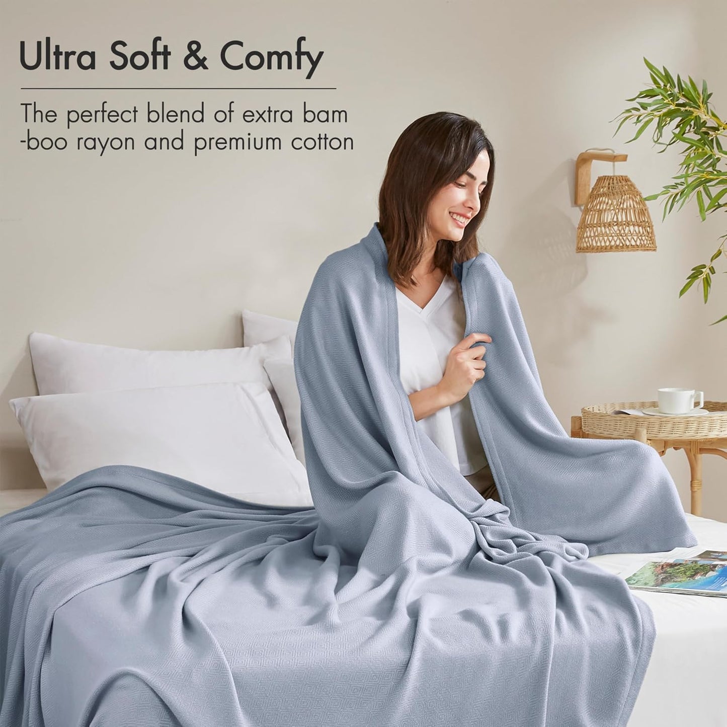 Madison Park Cooling Blanket 30% Cotton Lightweight and Breathable for Hot Sleepers Ultra Soft and Snag-Resistant Summer Blanket for Bed Couch Full/Queen Size 90"x90" Light Blue