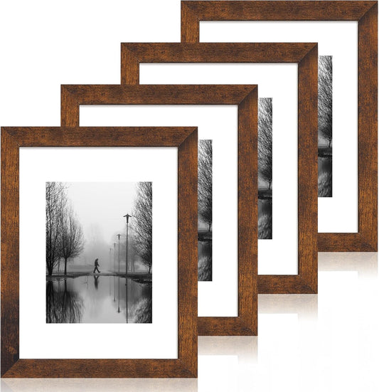 iRahmen 9x12 Picture Frame Set of 4 with Tempered Glass, Wooden Rustic Frame Display 6x8 Pictures with Mat or 9 x 12 Without Mat, Photo Frame for Wall Mount and Tabletop Display