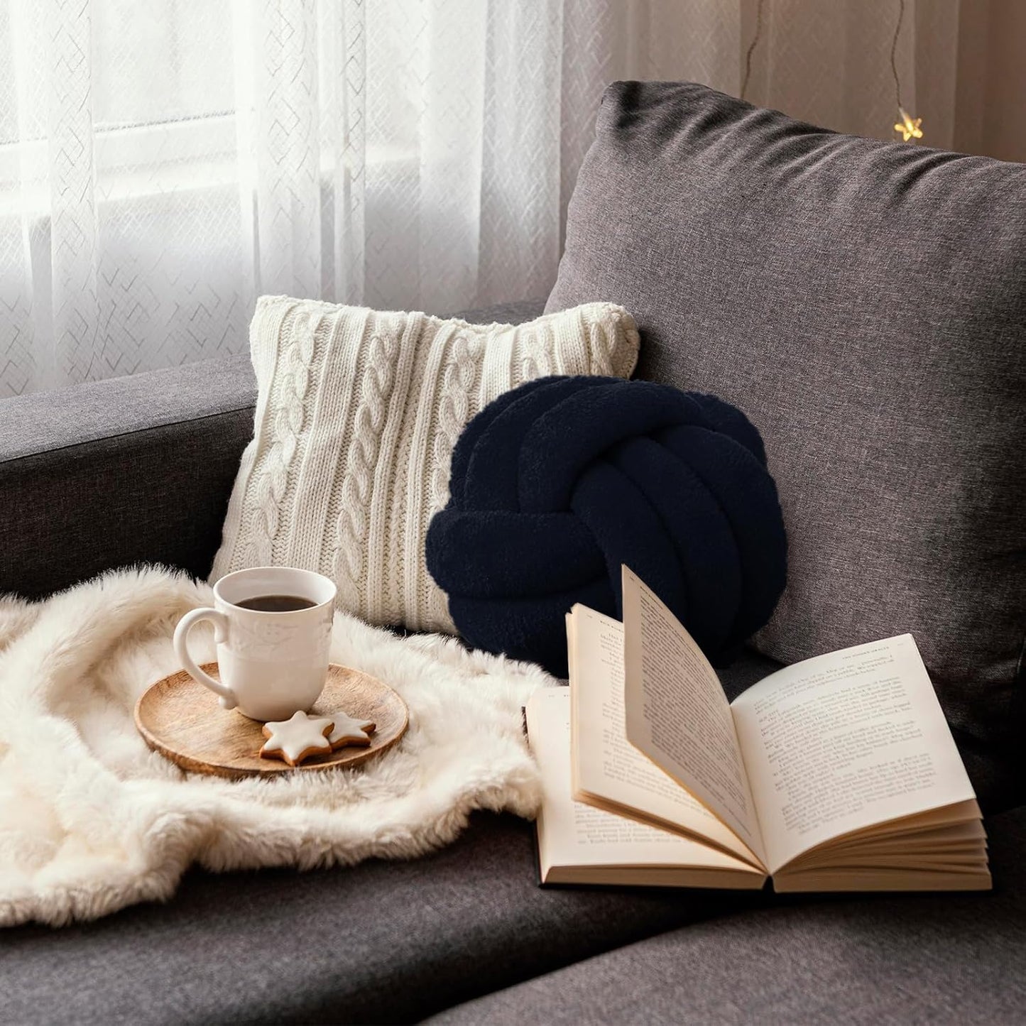 Knot Pillow Ball Plush - Decorative Throw Pillows for Bed Stress Relief, Round Knot Cushion for Sofa Decor Pet Toy, Black 12 inch