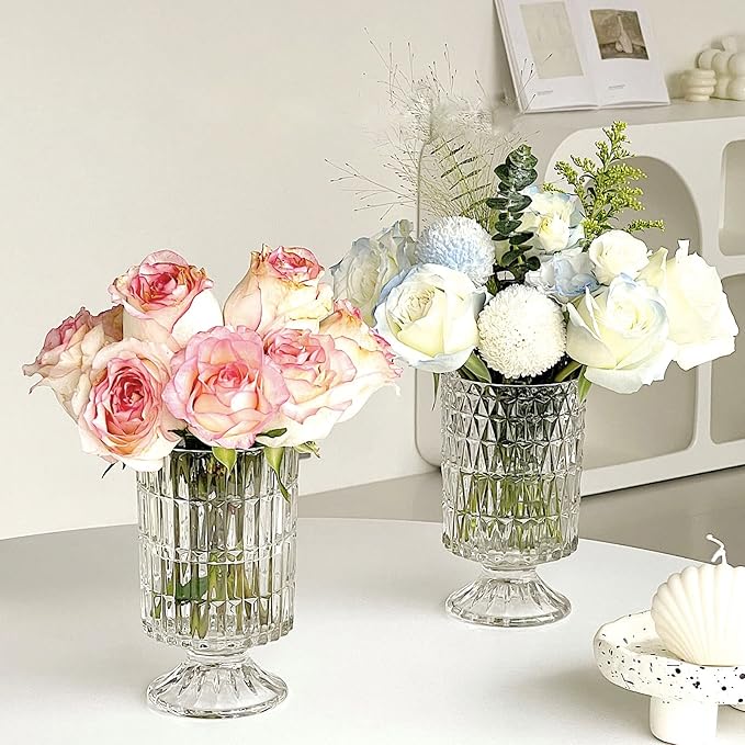 BLOFLO Embossed Glass Vase, 7'' Crystal Glass Vases, Pedestal Big Base Glass Bouquet Vase, Hydroponic Glass Transparent Vase for Home Office Wedding Dining Table Party (Long Rhombus Pattern)