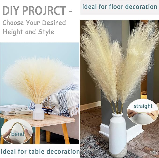 38" 10 Stems Faux Pampas Grass Decor - Tall Pampas Grass for Floor Vase, Boho Home Wedding Mothers Day Decoration (Beige)