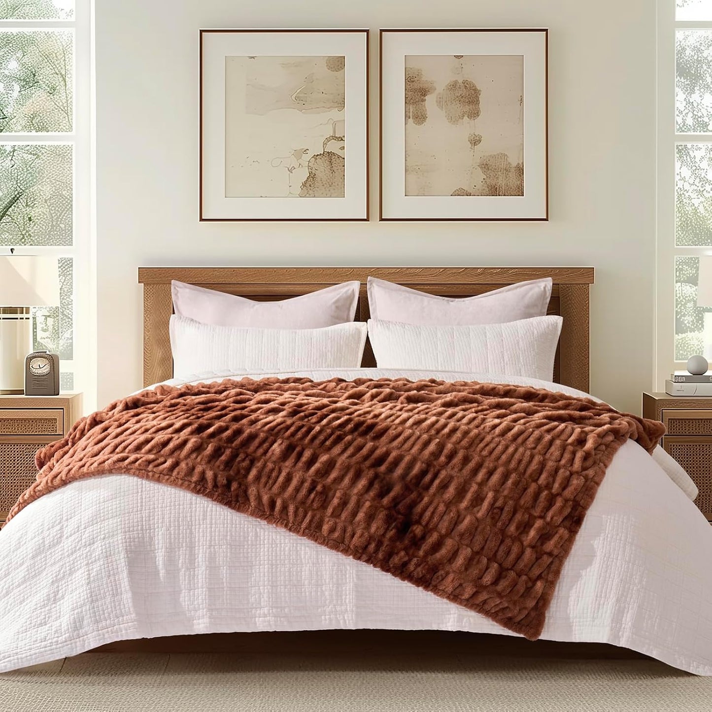 EVERGRACE Luxurious Soft Faux Rabbit Fur Throw Blanket, Cozy Fuzzy Plush Warm Throws for Couch Bed Sofa Chair Home Decor, Ruched Bubble Fluffy Blanket with Reversible Velvet, 50" x 60", Clay