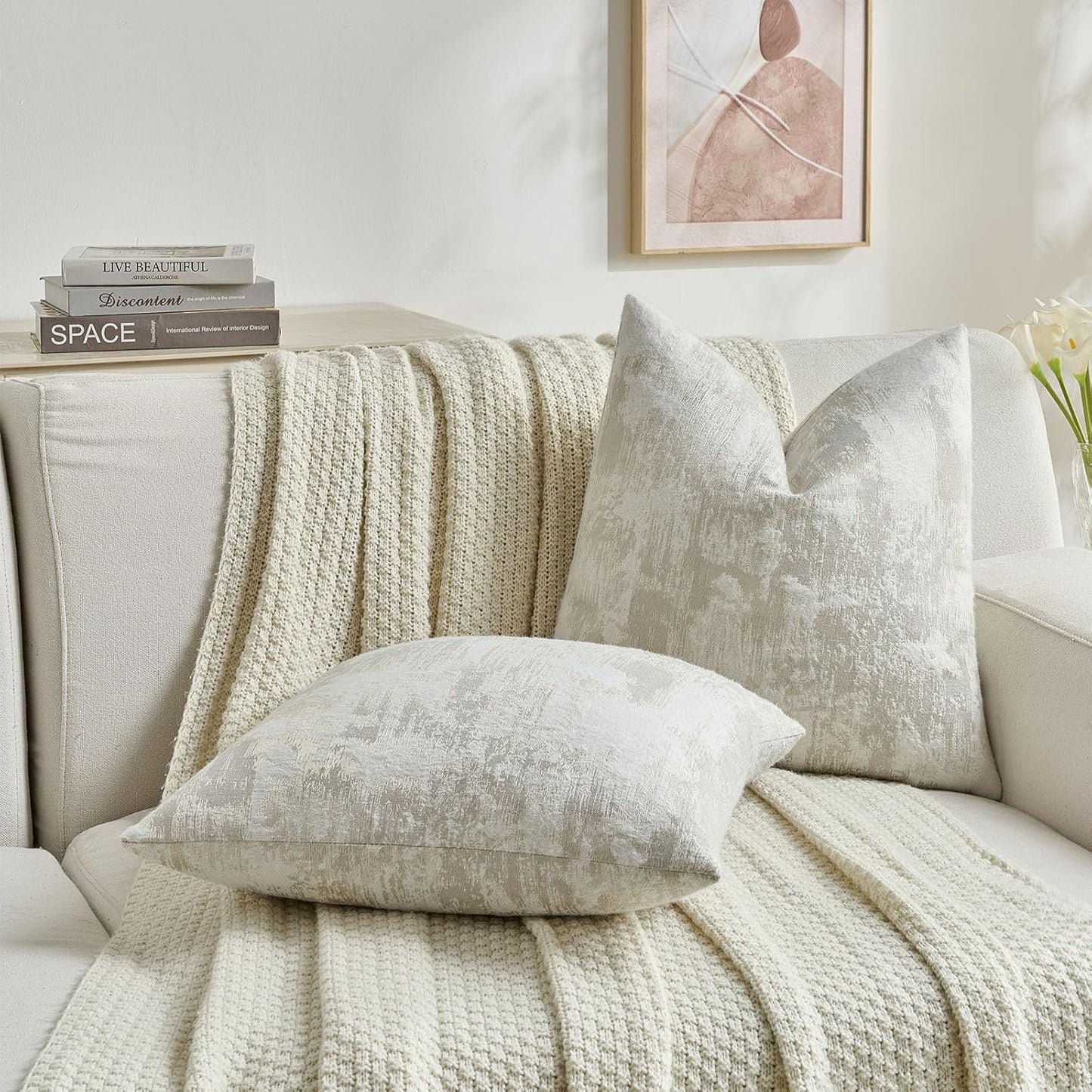 FUTEI Beige White Decorative Throw Pillow Covers 26x26 Inch Set of 2,Soft Faux Cashmere Jacquard - Textured & Cozy Euro Pillow Shams,Modern Home Decor for Couch Bed Living Room