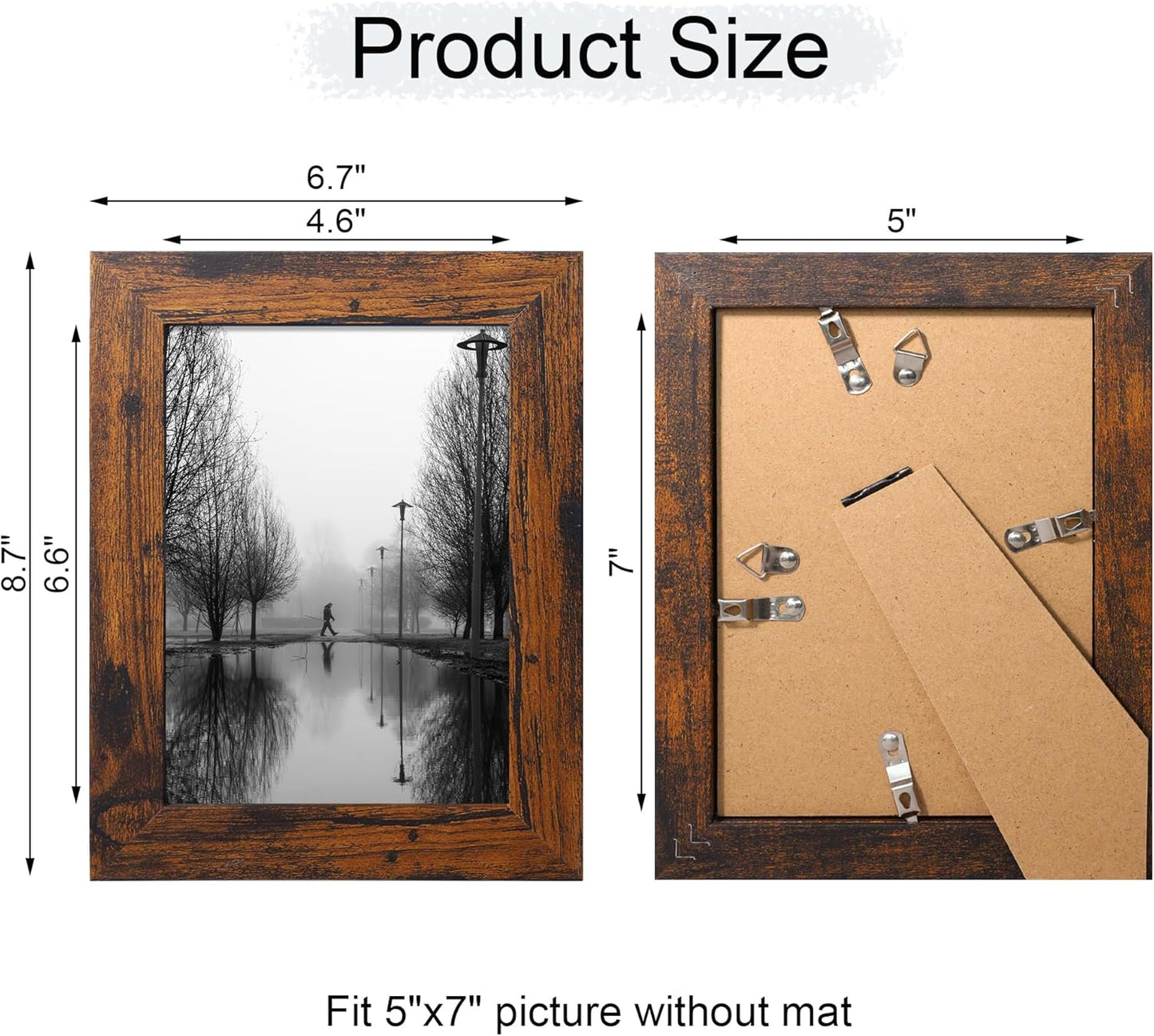 iRahmen 5x7 Picture Frame Set of 4, High Definition Glass 5 x 7 Frame, Wood Rustic Photo Frames for Horizontal or Vertical Display Tabletop and Wall Mounting, Dark Brown