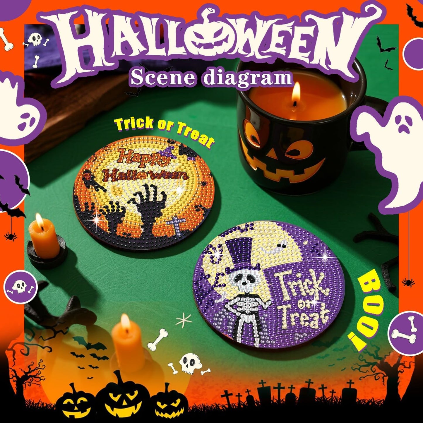 Leatrice 6PCS Halloween Diamond Art Coasters Kits Small Diamond Painting Kits for Adults Beginners Women Gem Art Coasters with Holder Funny Arts Supplies for Halloween Party Trick or Treat