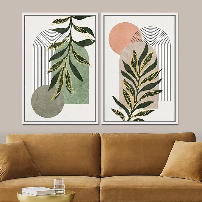 SIGNFORD Framed Canvas Print Wall Art Set Jungle Palm Leaf Geometric Polygons Abstract Shapes Illustration Modern Art Decorative Nordic Nature for Living Room, Bedroom, Office - 24"x36"x2 White