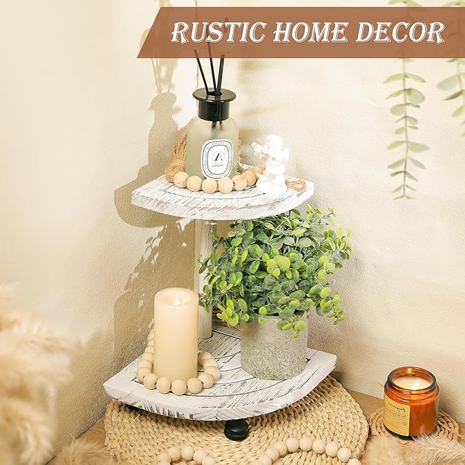 Tikea Decorative Wood Riser for Display, 2-Tier Farmhouse Corner Shelf for Kitchen Bathroom Counter Decor, Farmhouse Riser for Soap Dispenser, Decorations and Plant (White)