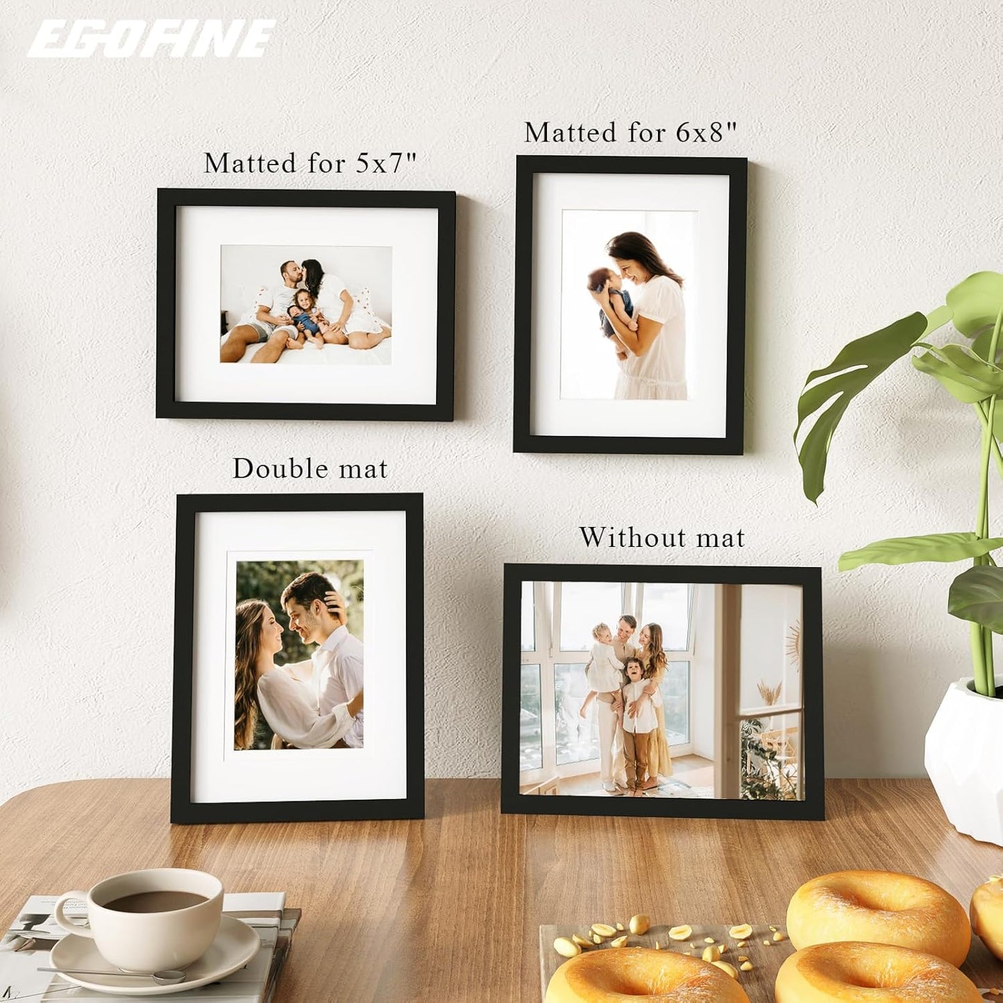 Egofine 9x12 Picture Frames Set of 4, Made of Solid Wood Covered by Plexiglass 5x7 and 6x8 with Mat or 9x12 without Mat, for Table Top Display and Wall Mounting Photo Frame Black