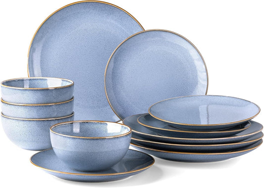 GBHOME Ceramic Dinnerware Sets for 4, 12 Pieces Stoneware Plates and Bowls Sets, Reactive Glaze Dishes -Scratch Resistant, Dishwasher&Microwave Safe- Brunnera Blue