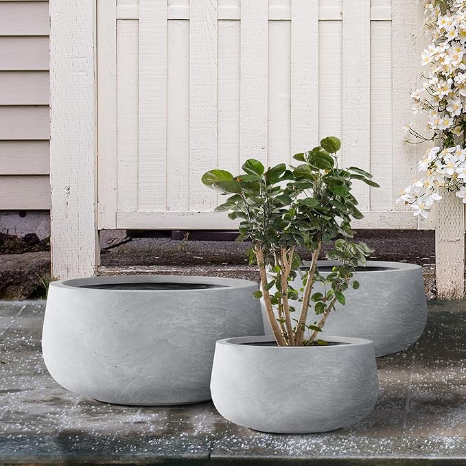 Kante 19.6",15.7",11.8" Dia Round Concrete Planters Set of 3, Cement Plant Pots with Drainage Hole and Rubber Plug for Outdoor Indoor Garden Home, Modern Curvaceous Design, Gray
