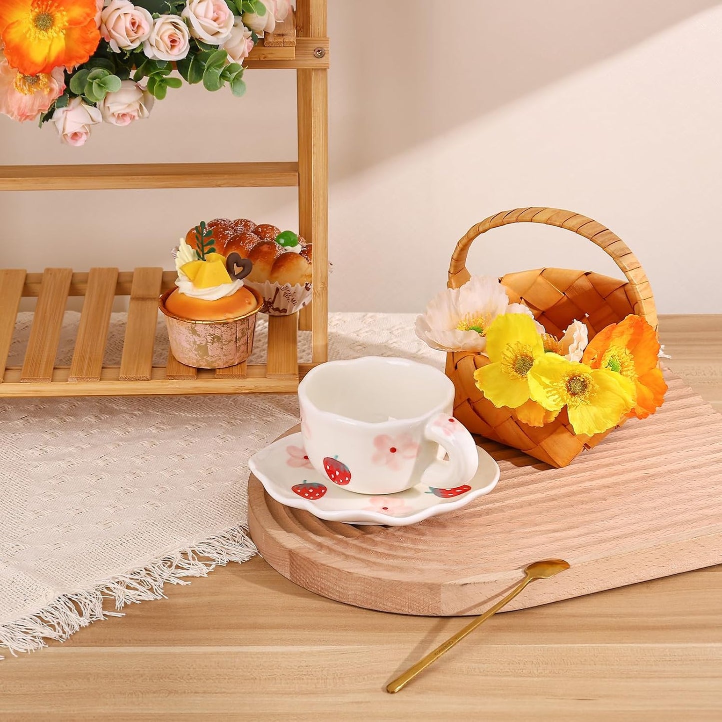 Koythin Ceramic Coffee Mug with Saucer Set, Cute Creative Cup Unique Irregular Saucer Design for Office and Home, 6 oz/180 ml for Latte Tea Milk (Strawberries and Flowers)