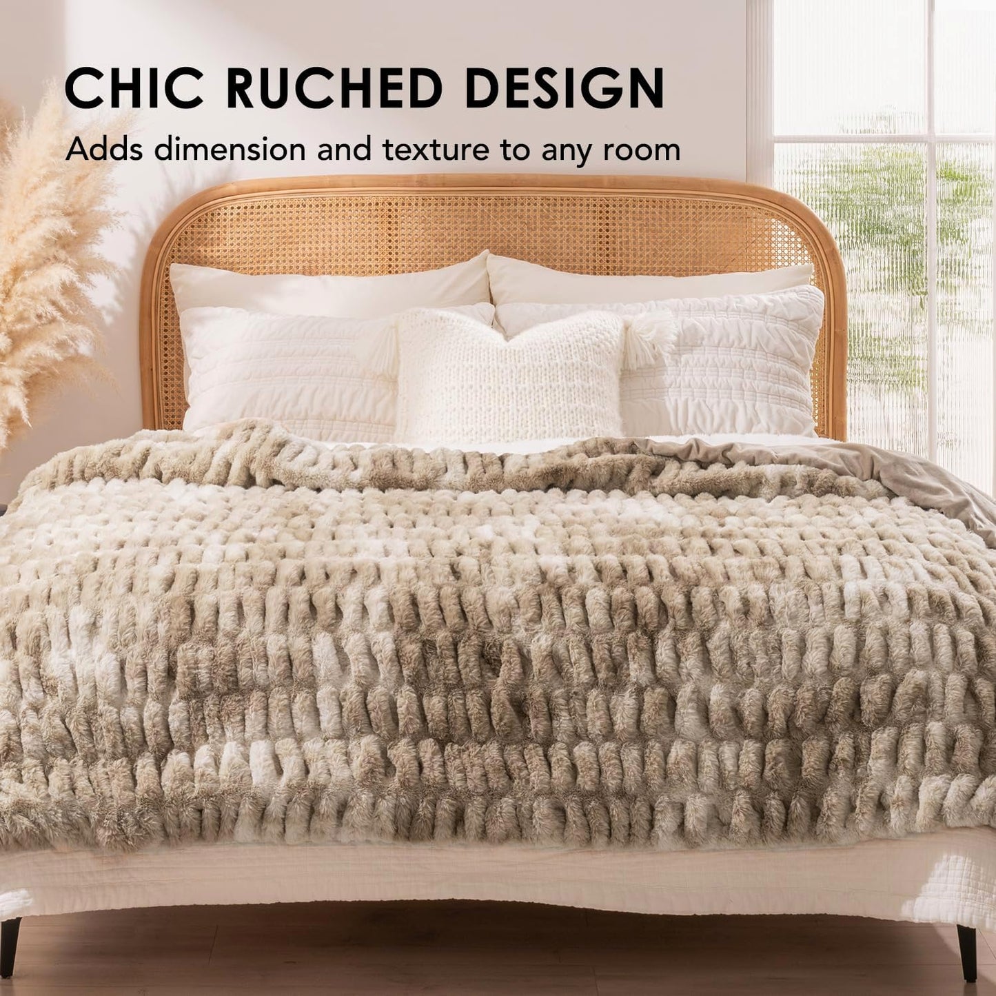 EVERGRACE Luxurious Soft Faux Rabbit Fur Throw Blanket, Cozy Fuzzy Plush Warm Throws for Couch Bed Sofa Chair Home Decor, Ruched Bubble Fluffy Blanket with Reversible Velvet, 50" x 60", Beige