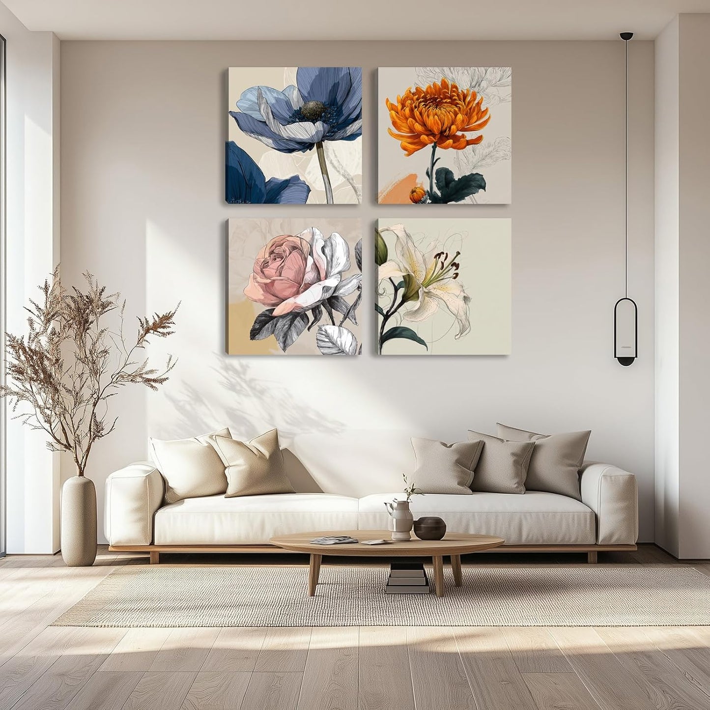 Framed Botanical Wall Art for Living Room Rustic Boho Floral Canvas Paintings Prints Flower Pictures for Farmhouse Hallway Bedroom Dining Room Bathroom Office Wall Decor ArtWork for Wall