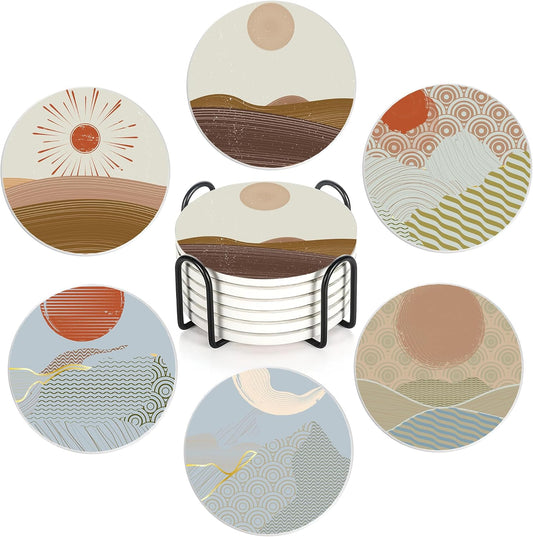 Drink Coasters with Holder,6 Pcs Japanese Style Sun Landscape Coffee Cup Mat with Storage Holder, Durable Ceramic Coaster Set for Hot & Cold Beverages