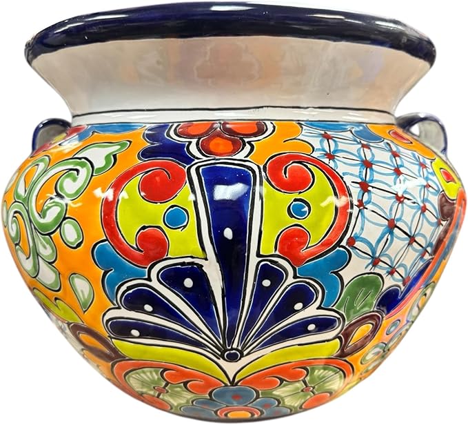 Talavera Michoacana Planter XL Pot Folk Art Multicolor Mexican Pottery Home Decor Hand Painted Garden Indoor Handmade Outdoor 18.5" (Cobalt Multicolor Blue)