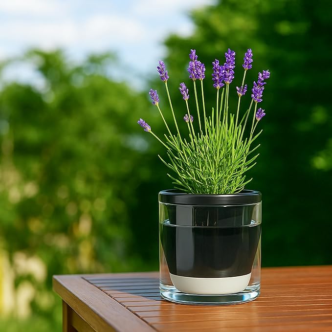 D'vine Dev 6 Inch Design Self Watering Planter for Indoor Plants, Black Terracotta Pot with Cylinder Glass Cup, 37-X-B-3