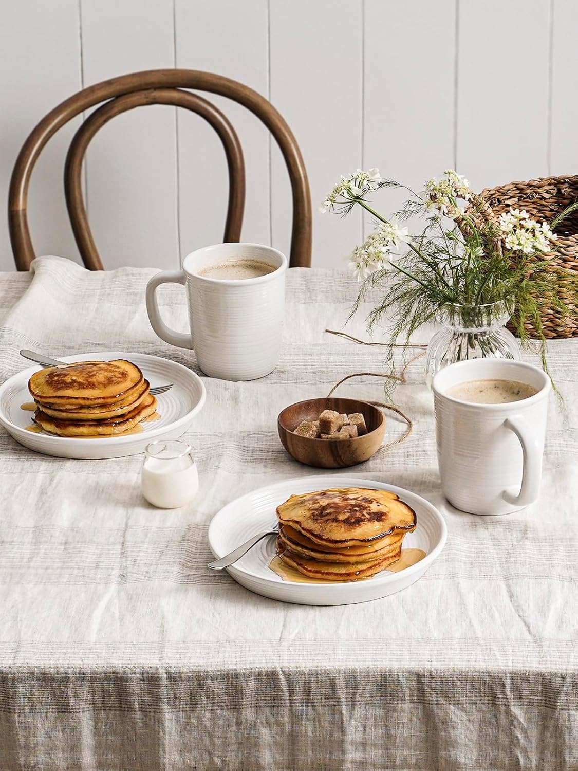 LE TAUCI 16-Piece Ceramic Cups and Plates sets for Kitchen, Service for 4 – White Farmhouse Deeper Plates & Bowls (10" Dinner, 8" Salad, 6" Bowls, 18 oz Mugs), Stackable, Chip Resistant Stoneware