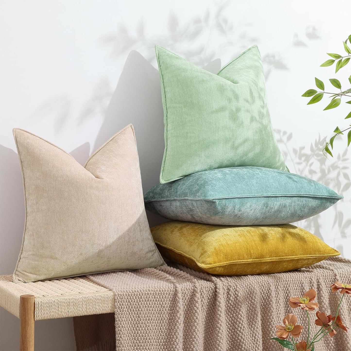 decorUhome Couch Throw Pillow Covers 20x20 Set of 2, Decorative Soft Euro Neutral Chenille Pillow Covers with Elegant Design for Sofa Bed Living Room Home Decor, Beige