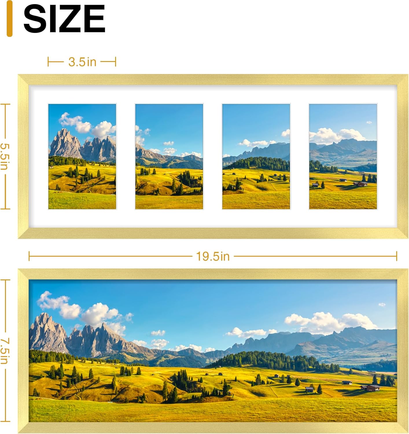 decorUhome 8x20 Picture Frames Collage Wall Decor, Display 4Pcs 4x6 Photos with Mat or 1Pcs 8x20 Unmatted, 4 4x6 Collage Picture Frames for Wall Mounting, Gold