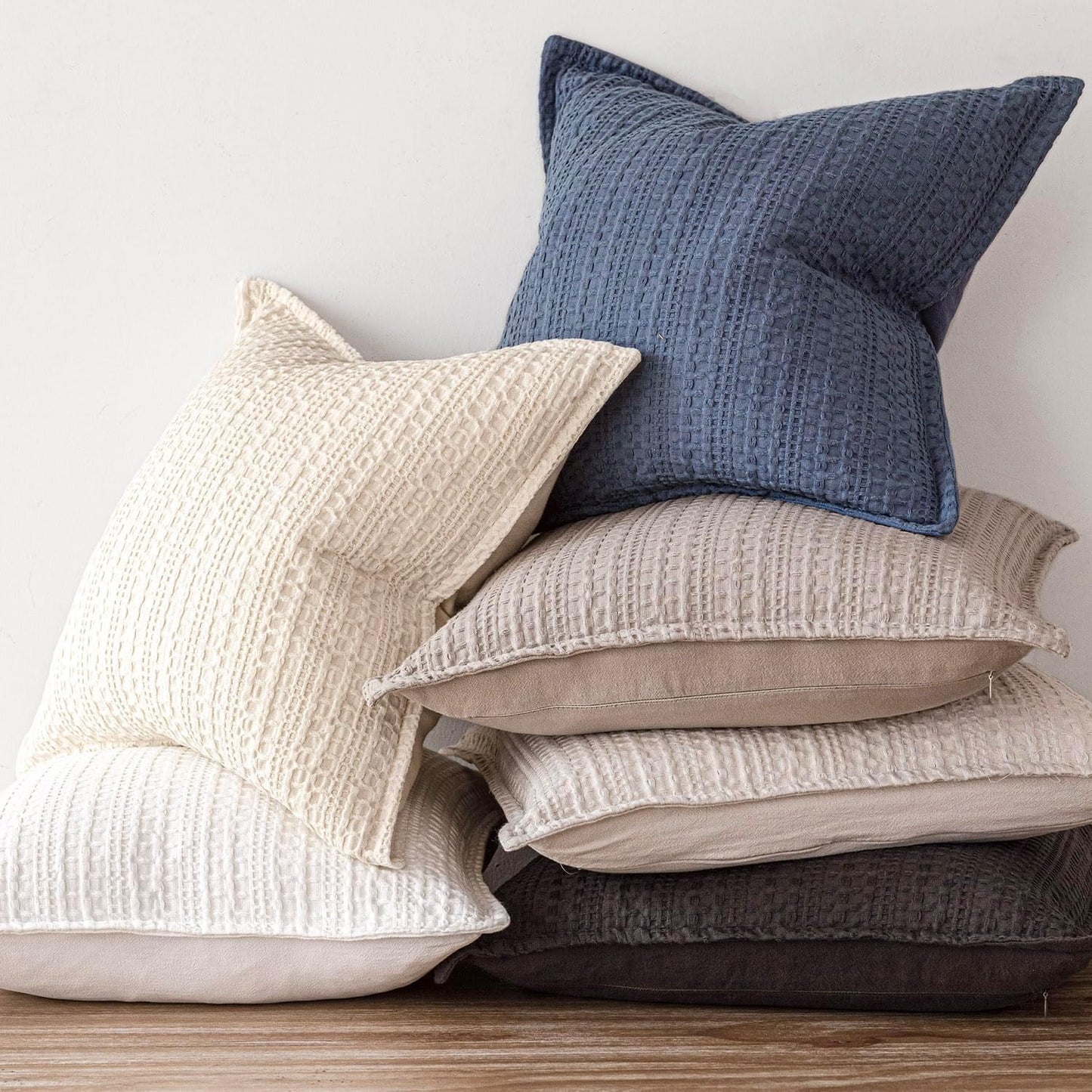 Foindtower Set of 2 Decorative Cotton Waffle Weave Throw Pillow Covers Euro Shams Cushion Covers Accent European Pillowcase for Bed Couch Sofa Bedroom Living Room Home Decor 18×18 Inch Natural Beige