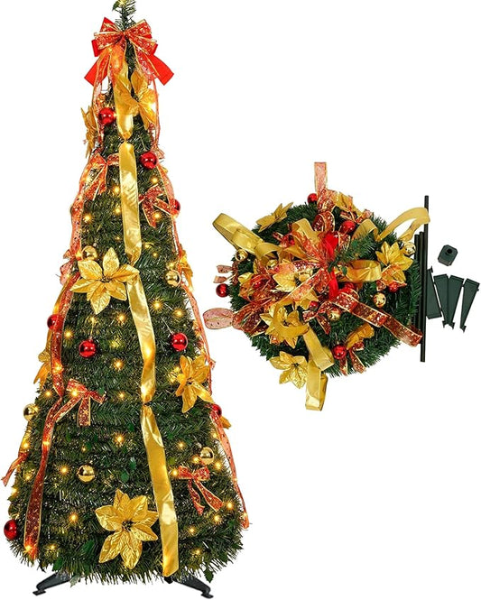 6 ft pre-lit Decorated Christmas Tree, 200 LED Warm Lights, pop-up Christmas Tree, Gold and red, PVC lit Christmas Tree