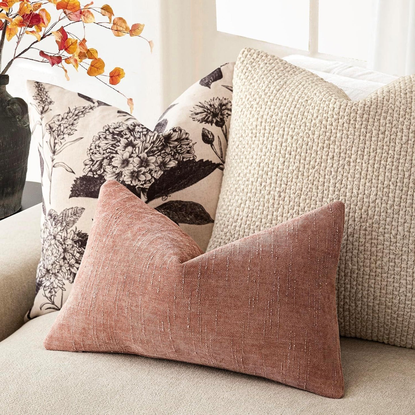 Foindtower Pack of 2 Soft Textured Chenille Throw Decorative Pillow Covers Square Accent Solid Cushion Cover Neutral Lumbar Pillow Case for Couch Sofa Bedroom Living Room 12x20 Inch,Dusty Pink