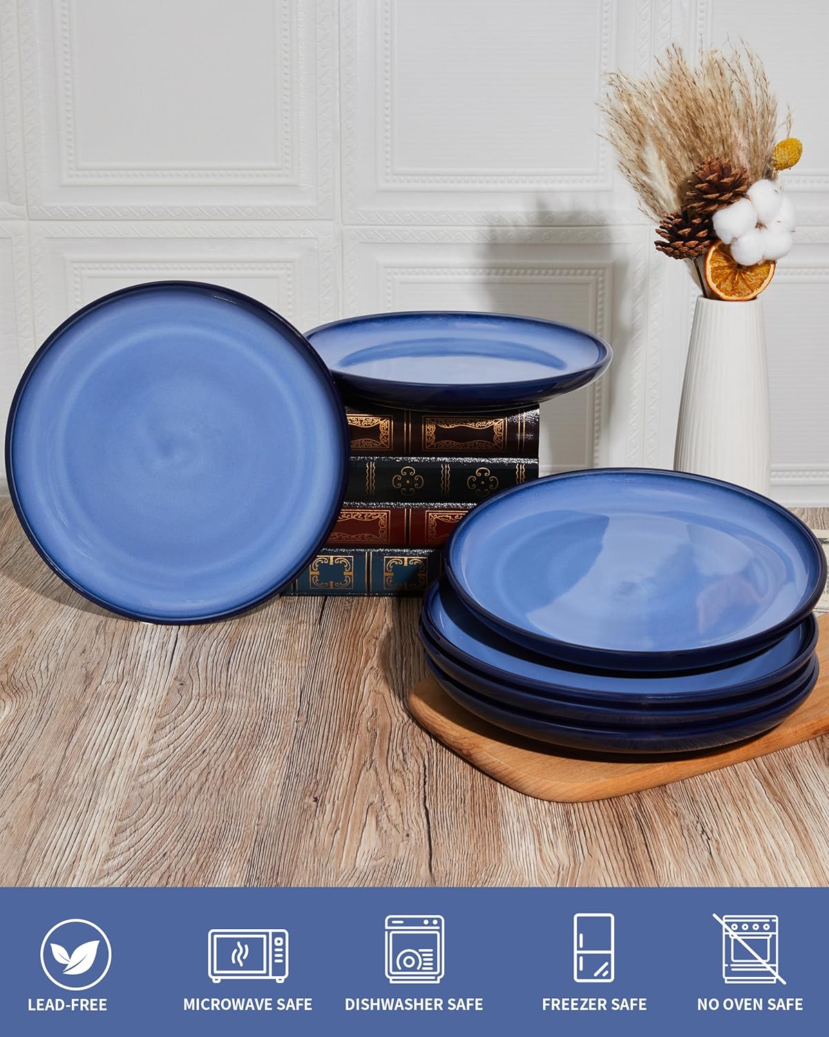 Dinner Plates for 6, 10 Inches Plate Set, Scratch Resistant, Large Stoneware Dinnerware, Kitchen Modern Rustic Serving Dishes, Light Blue