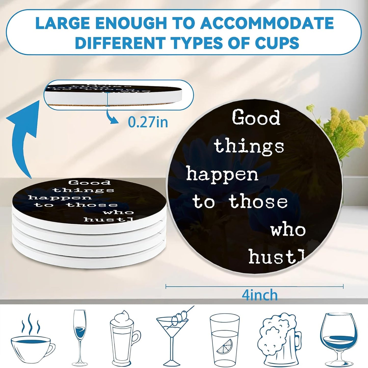 Drinks Coasters Set of 4, Inspirational Positive Quotes Round 4" Cup Coasters, Absorbent Ceramic Stone Coasters with Cork Base, Cute Coasters for Table Home Décor, Ideal Gifts for Women Men