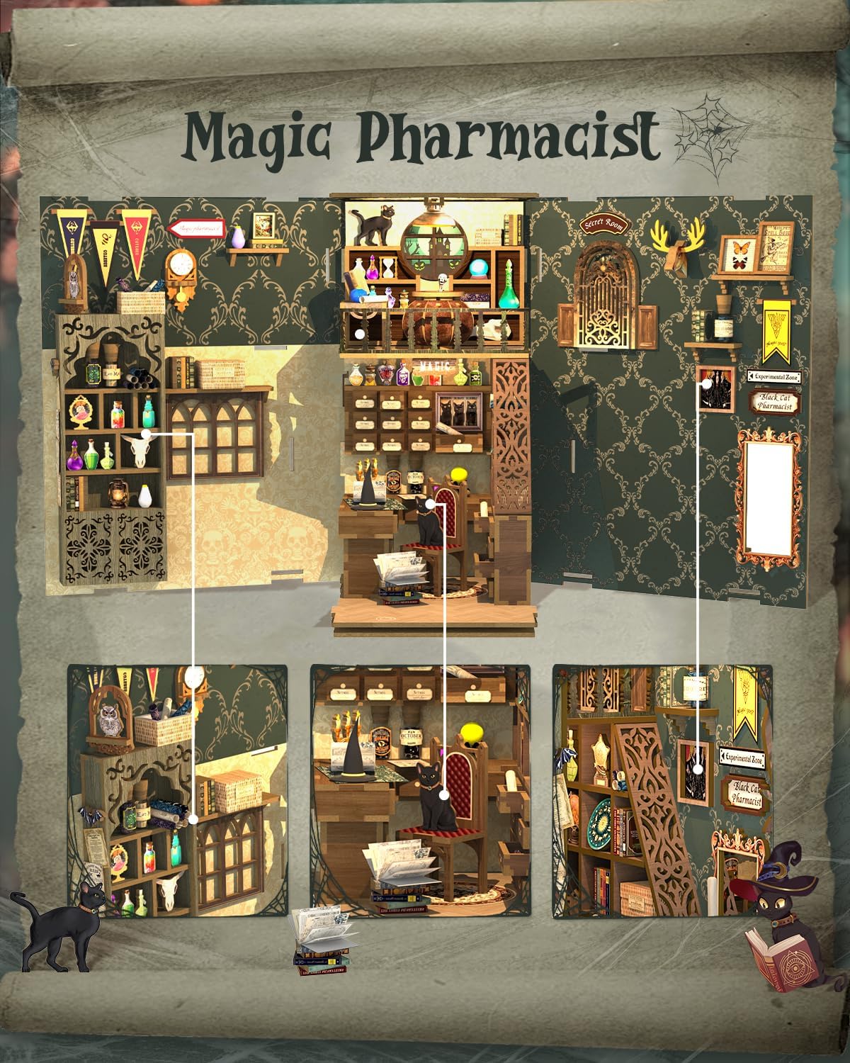 Cutefun Book Nook Kit, DIY Miniature Dollhouse Booknook for Adults, 3D Wooden Puzzle Bookend Bookshelf Insert Decor with LED Light, Gift for Craft Lovers (Magic Pharmacist)