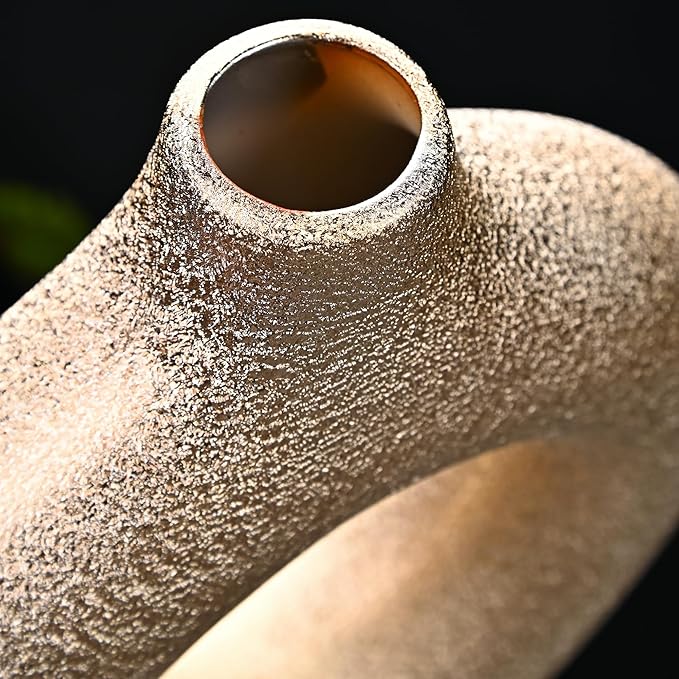 Set of 2 Donut Hollow Ceramic Vase Handmade Minimalist Boho ins Style, Modern Vase for Home Decor for Wedding Dinner Table Party Living Room Office Bedroom (Gold, Large + Small)