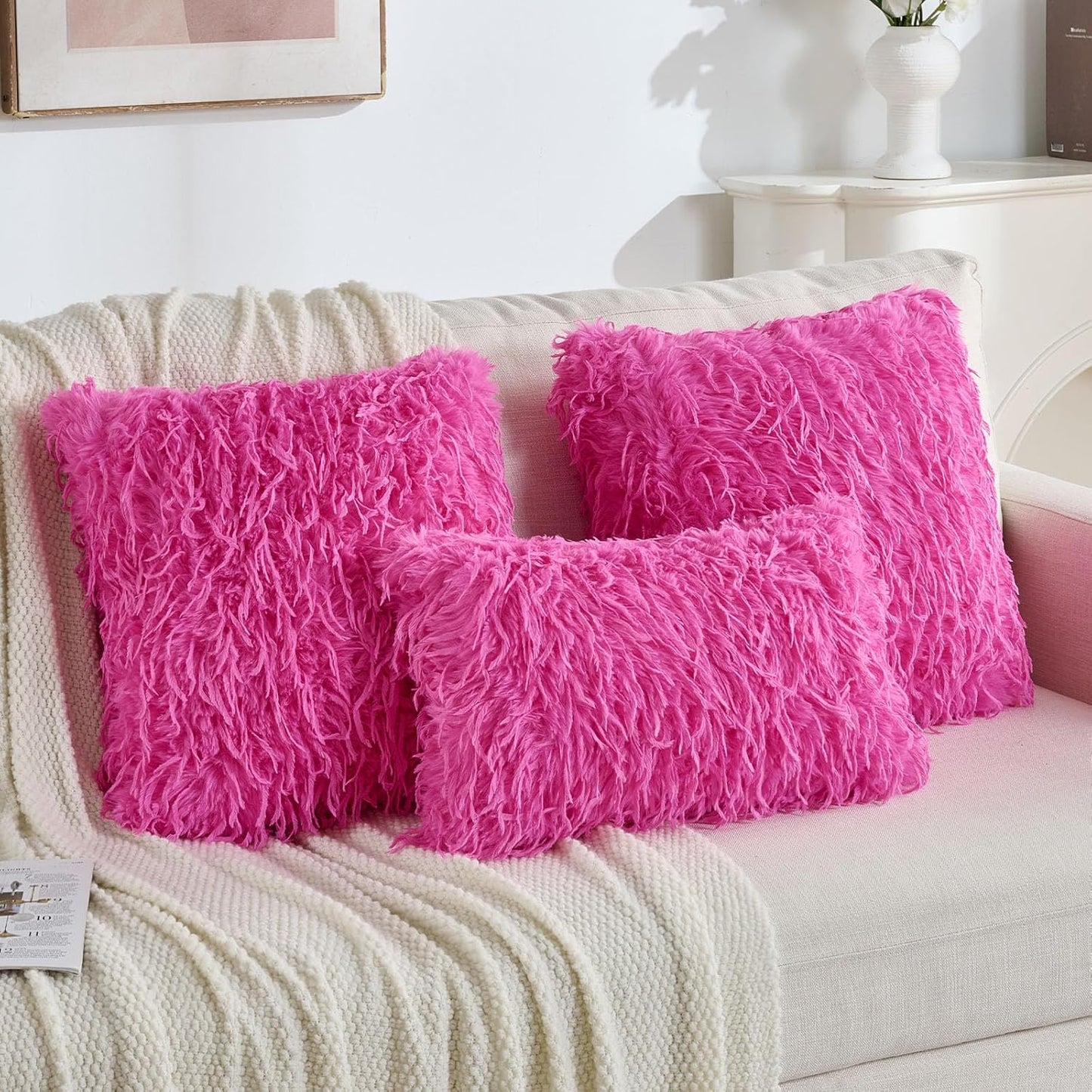 FUTEI Hot Pink Decorative Throw Pillow Covers 20x20 Inch Set of 2,Soft Fluffy Faux Feather Texture Cushion Cases,Modern Home Luxury Decor for Couch Bed Living Room