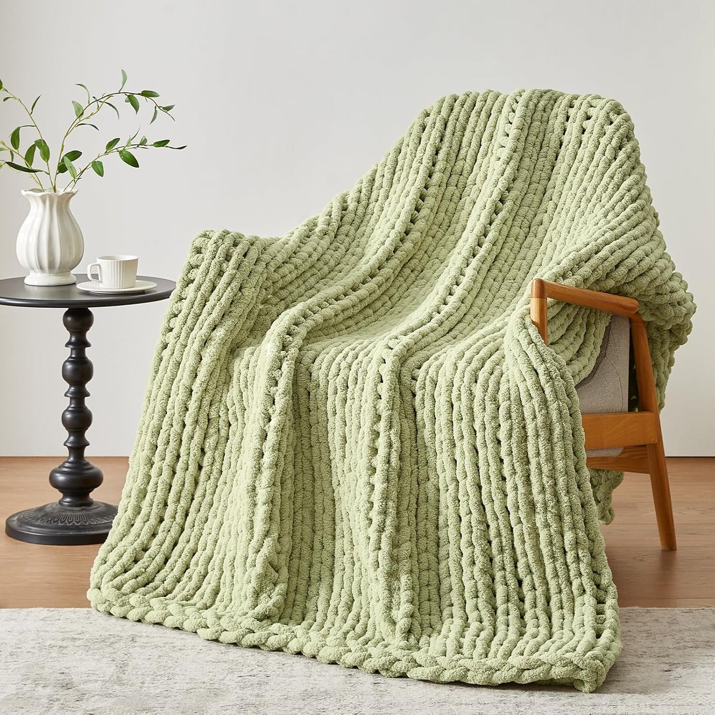 Chunky Knit Throw Blanket, 50''*60'' Knitted Throw Chenille Yarn for Bed Couch, Handmade Light Green Crochet Big Thick Blanket, Machine Washable Cute Comfy Blanket for Home Decor