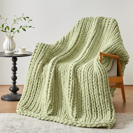 Chunky Knit Throw Blanket, 50''*60'' Knitted Throw Chenille Yarn for Bed Couch, Handmade Light Green Crochet Big Thick Blanket, Machine Washable Cute Comfy Blanket for Home Decor