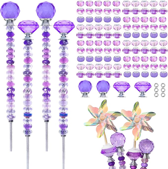 101 PCS Beaded Garden Stakes Kit, DIY Fairy Wand Garden Stake Beads Kits with Purple Large Hole Beads 4 Crystal Stopper Top Threaded Rods and 2 Colored Small Windmills for Outdoor Indoor Decor