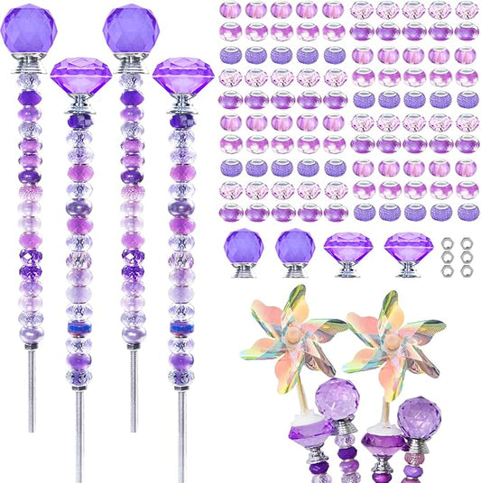 101 PCS Beaded Garden Stakes Kit, DIY Fairy Wand Garden Stake Beads Kits with Purple Large Hole Beads 4 Crystal Stopper Top Threaded Rods and 2 Colored Small Windmills for Outdoor Indoor Decor