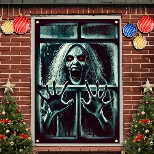 Window Cover Halloween 47x31 Inch Scary Red Eye Screaming Ghost Banner Creepy Horror Decoration for Haunted House Outdoor Indoor Poster Window Prop Decor