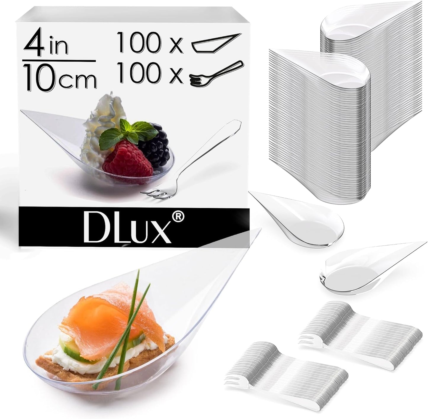 DLux 100 4-in Tear Drop Mini Appetizer Plates with Forks, Reusable Clear Plastic Spoons - Desserts and Appetizers Dishes Serving Plate - Asian Spoon Set, Small Catering Dessert Tasting Cups