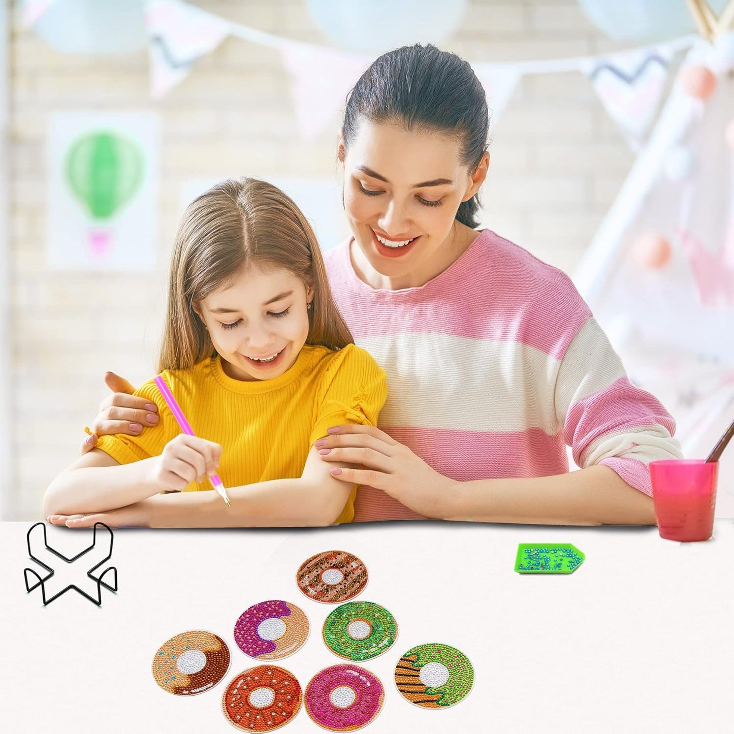 Diamond Art Coasters Kit with Holder, 8 Pcs Diamond Art Coasters for Adults Kids Beginners Crafts Gifts (Donuts)