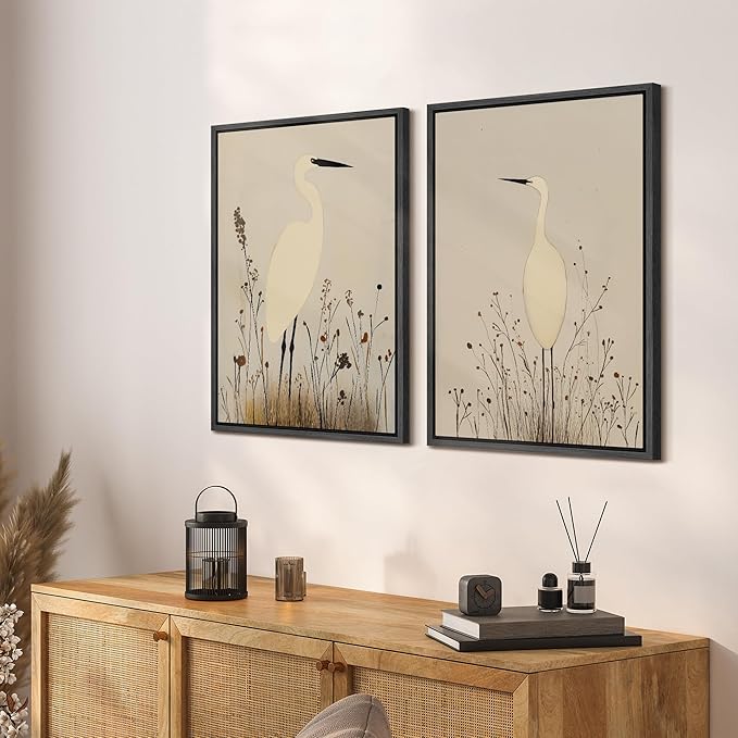 SIGNFORD Framed Canvas Print Wall Art Set Minimalist Heron Art Simplified Shapes in Neutral Tones Illustration Modern Art Decorative Nordic Nature for Living Room, Bedroom, Office - 24"x36"x2 Black