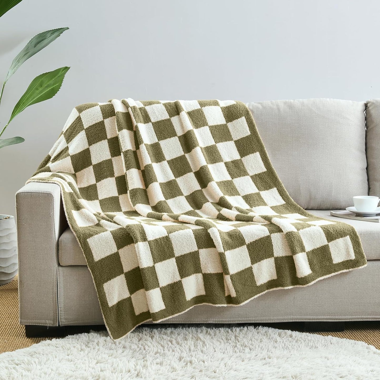 CozeCube Super Soft Fullfy Microfiber Reversible Knitted Blankets, Warm Cozy Fuzzy Plush Throw, Olive Green and White Checkered Throw Blanket for Couch Bed Sofa, 50" x 60"