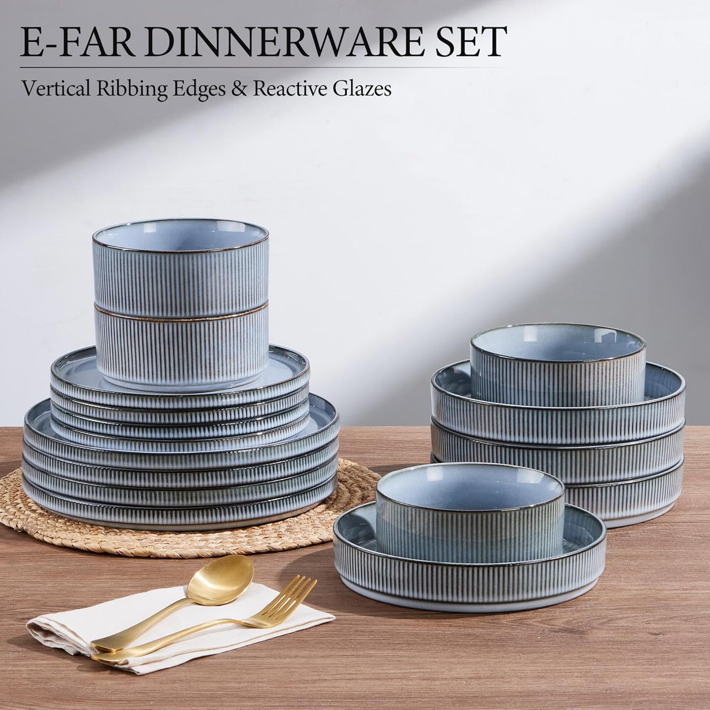 E-far 16 Piece Dinnerware Sets, Plates and Bowls with Pasta Bowls Service for 4, Modern Stoneware Ribbed Dishes for Kitchen Dining, Microwave & Dishwasher Safe, Dusty Blue